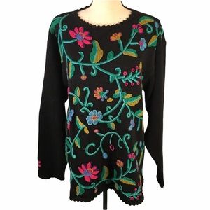 Vintage Jumpers Floral Embroidered Cotton Blend Heavy Knit Sweater Size L
